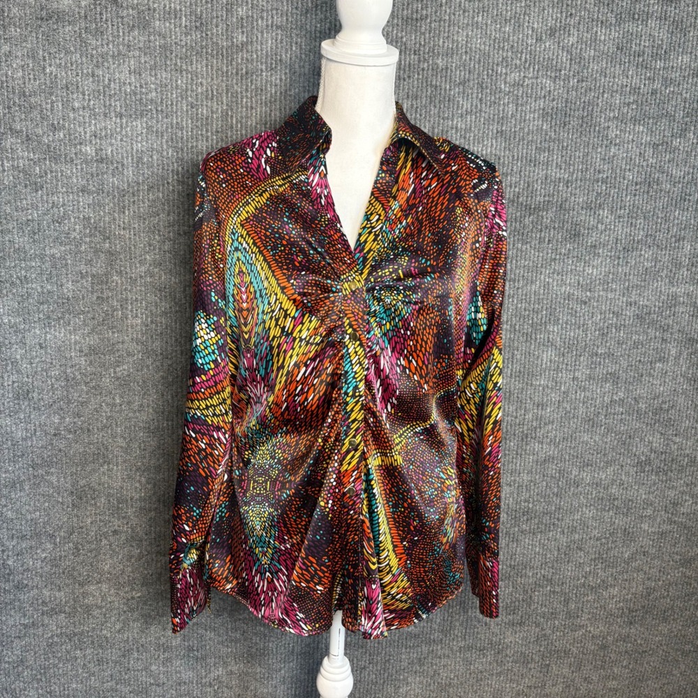 Cato Women Multicolor Abstract Geometric Ruched Satin Button Down Blouse Large